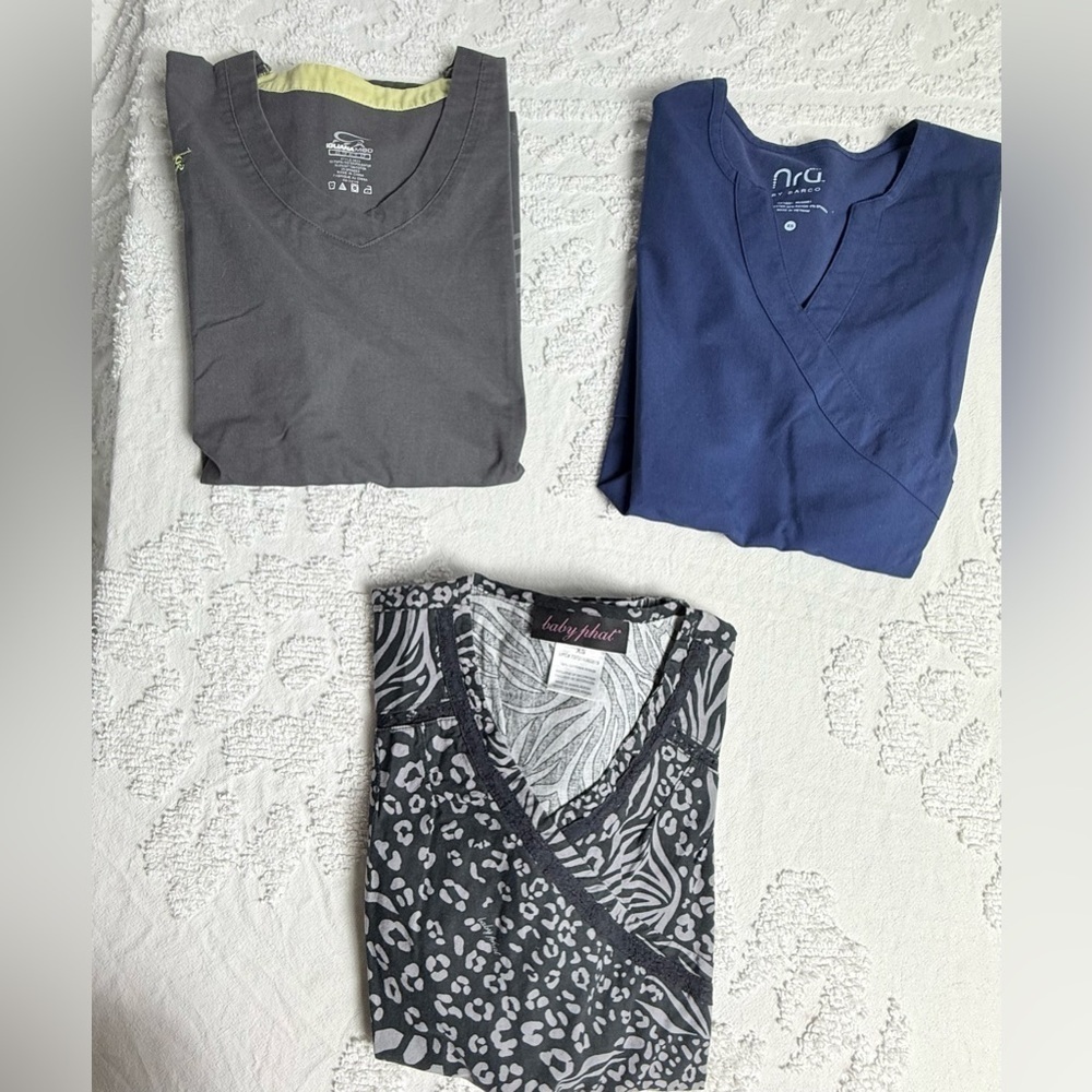 Gray, Blue, and Patterned Scrub Tops